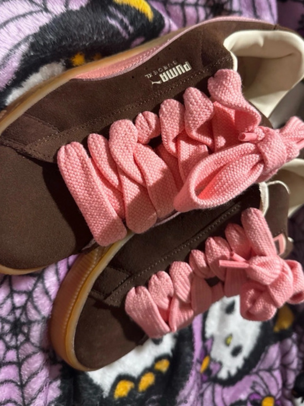 Puma Kids Brown Suede Sneakers with Pink Ribbon Laces